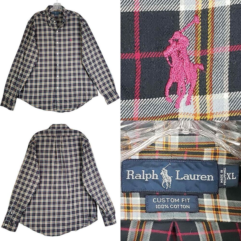 Polo Ralph Lauren Oxford Shirt Mens Size XL Black Multicolor Plaid Button Down